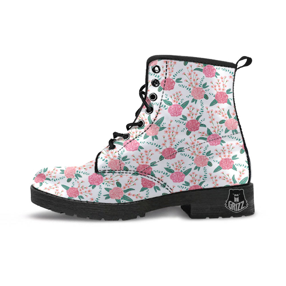 Pink Carnation White Print Pattern Leather Boots-grizzshop