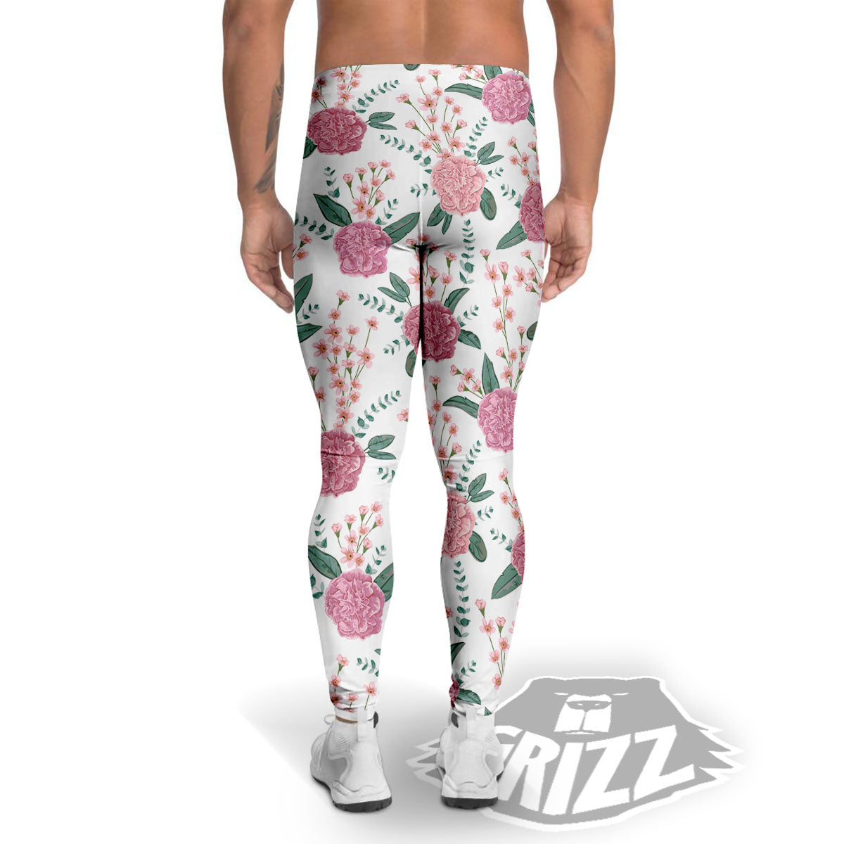 Pink Carnation White Print Pattern Men's Leggings-grizzshop