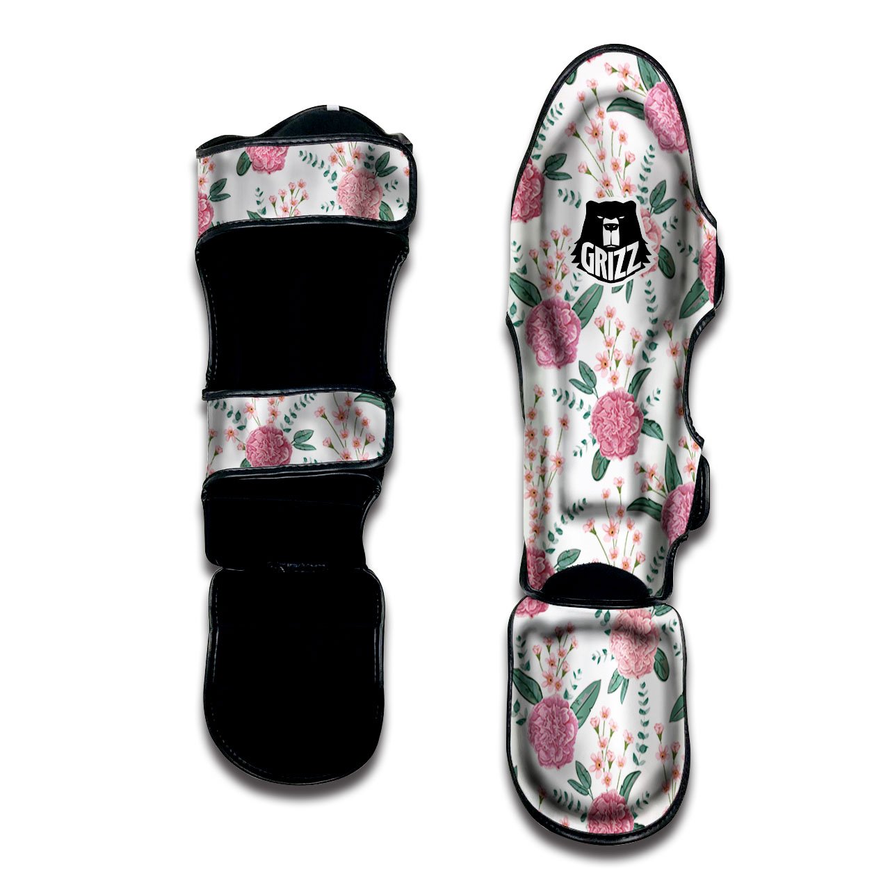 Pink Carnation White Print Pattern Muay Thai Shin Guards-grizzshop