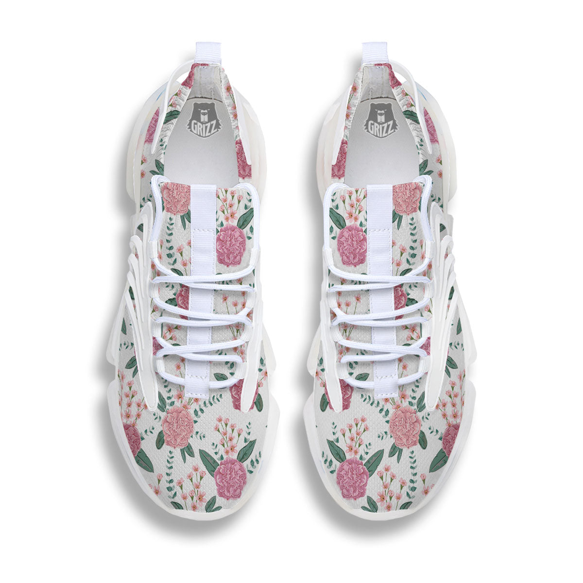 Pink Carnation White Print Pattern White Gym Shoes-grizzshop