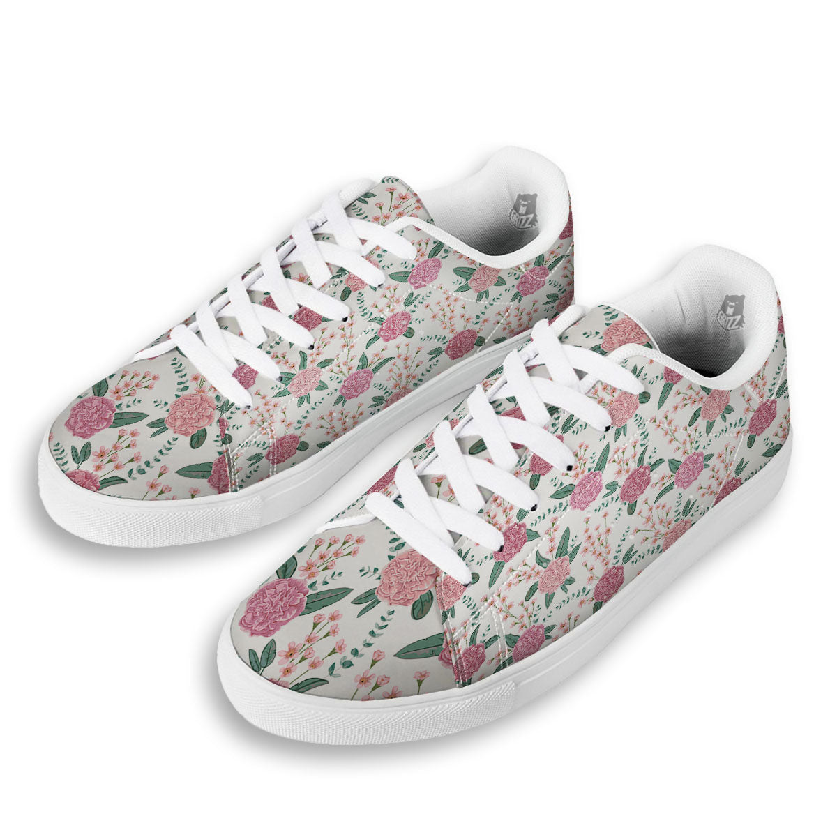 Pink Carnation White Print Pattern White Low Top Sneakers-grizzshop