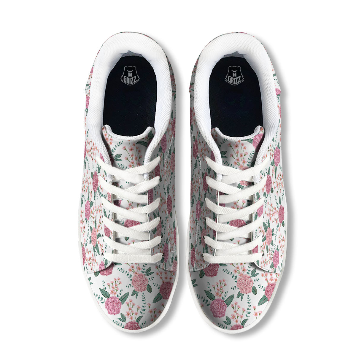 Pink Carnation White Print Pattern White Low Top Sneakers-grizzshop