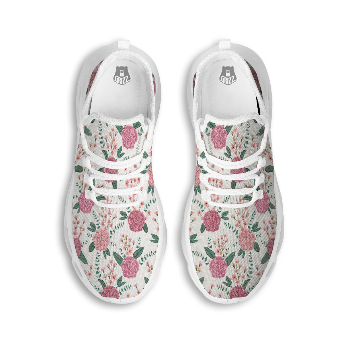 Pink Carnation White Print Pattern White Running Shoes-grizzshop