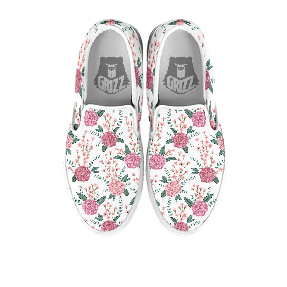 Pink Carnation White Print Pattern White Slip On Shoes-grizzshop