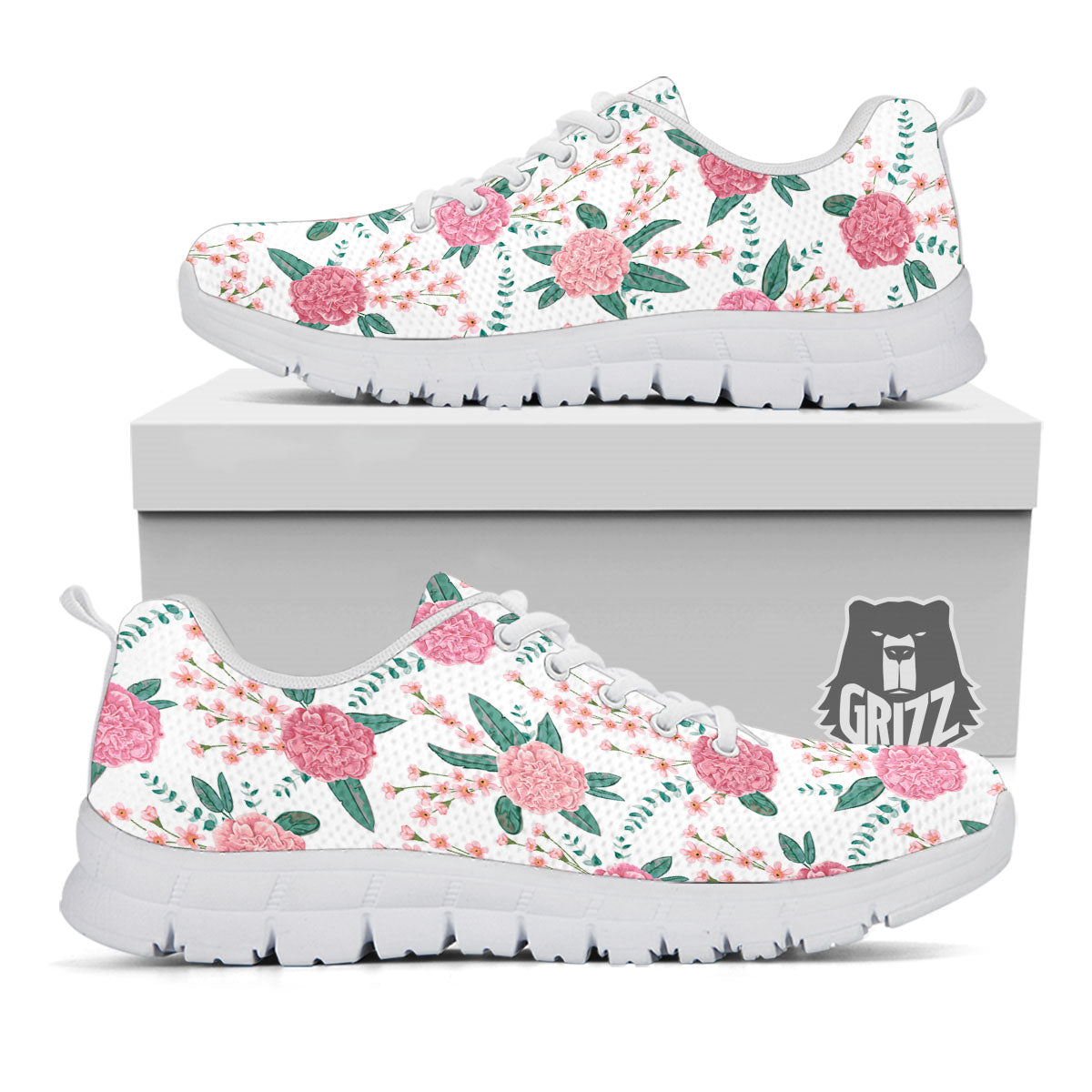 Pink Carnation White Print Pattern White Sneaker-grizzshop