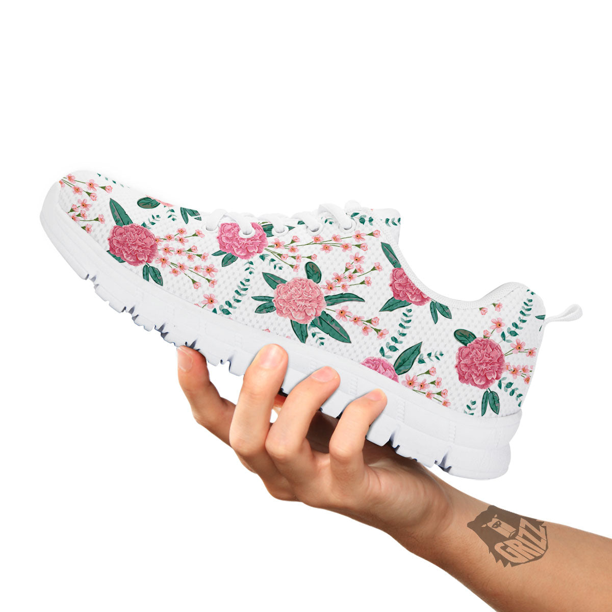 Pink Carnation White Print Pattern White Sneaker-grizzshop