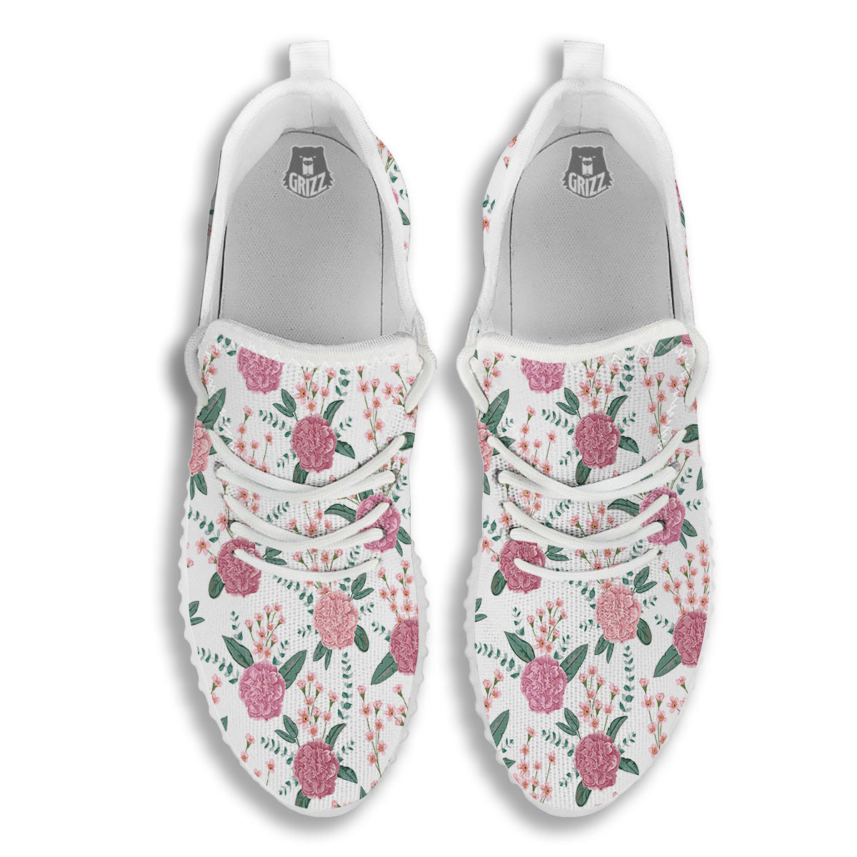 Pink Carnation White Print Pattern White Walking Shoes-grizzshop