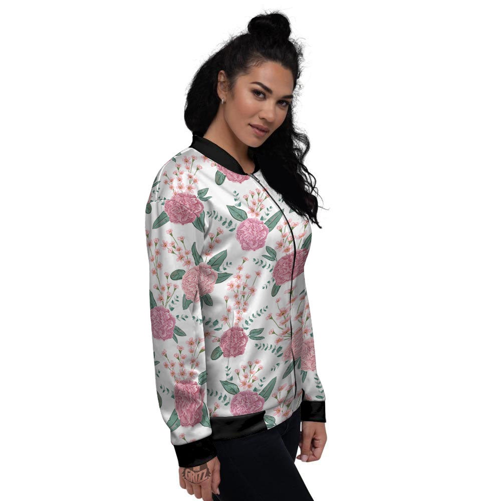 Pink Carnation White Print Pattern Women's Bomber Jacket-grizzshop