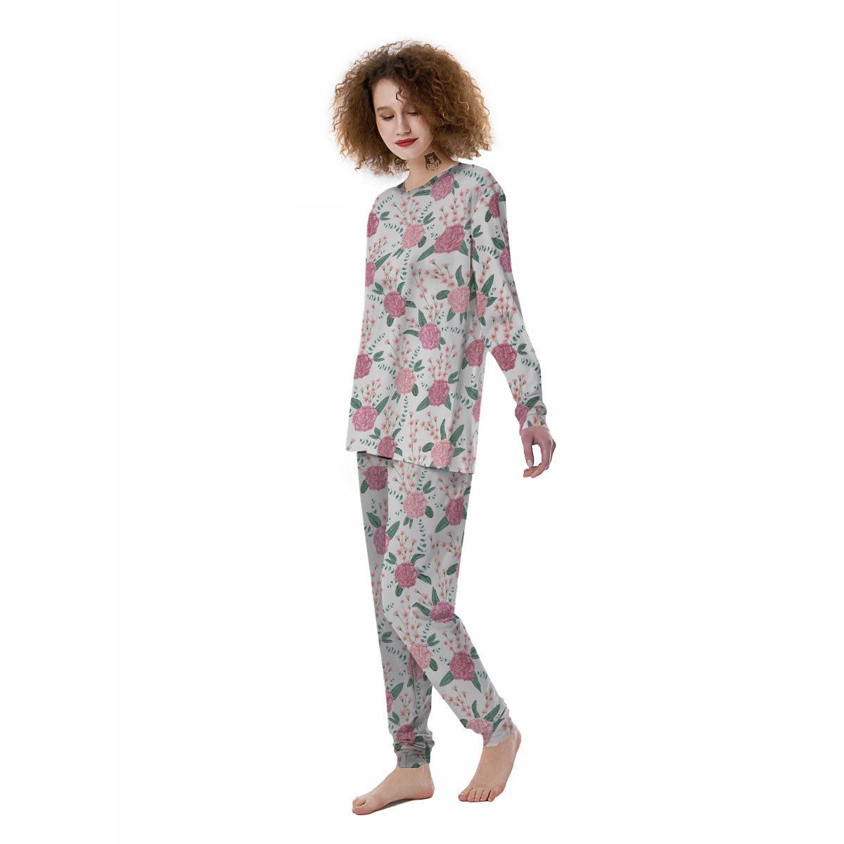Pink Carnation White Print Pattern Women's Pajamas-grizzshop