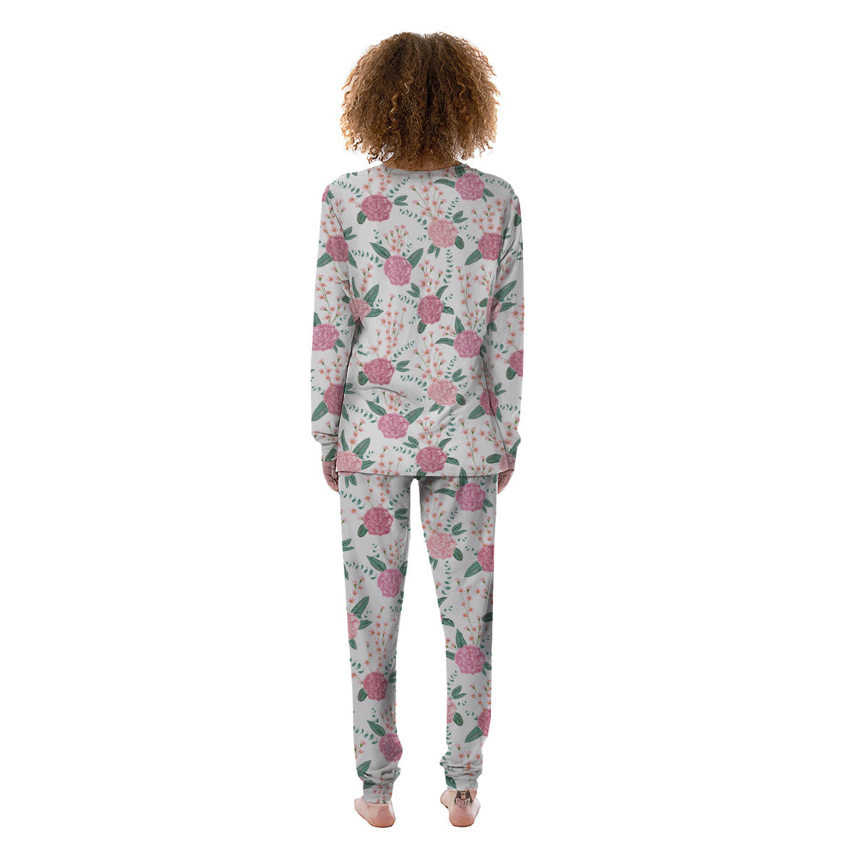 Pink Carnation White Print Pattern Women's Pajamas-grizzshop