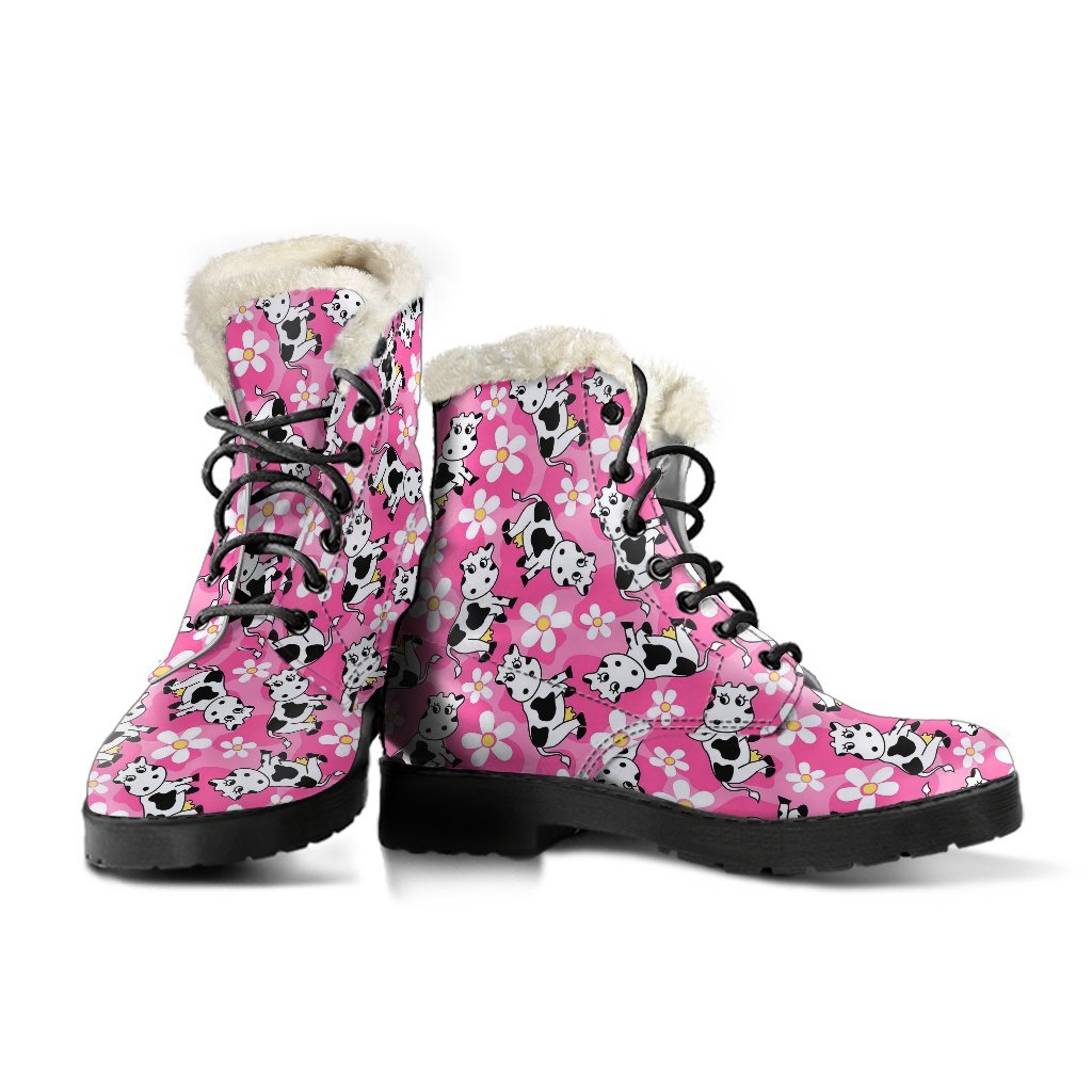 Pink Cartoon Cow Pattern Print Comfy Winter Boots-grizzshop