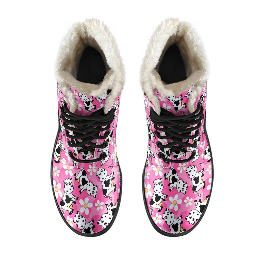 Pink Cartoon Cow Pattern Print Comfy Winter Boots-grizzshop