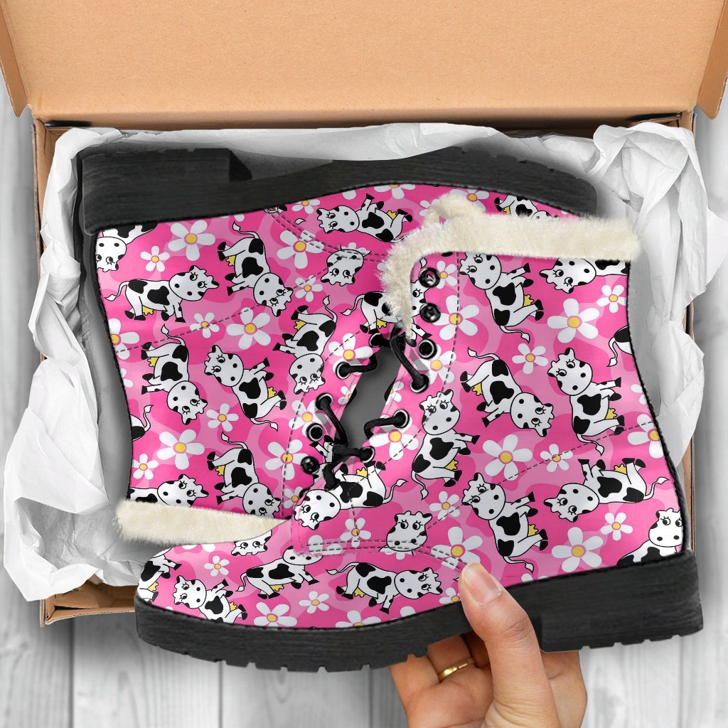 Pink Cartoon Cow Pattern Print Comfy Winter Boots-grizzshop