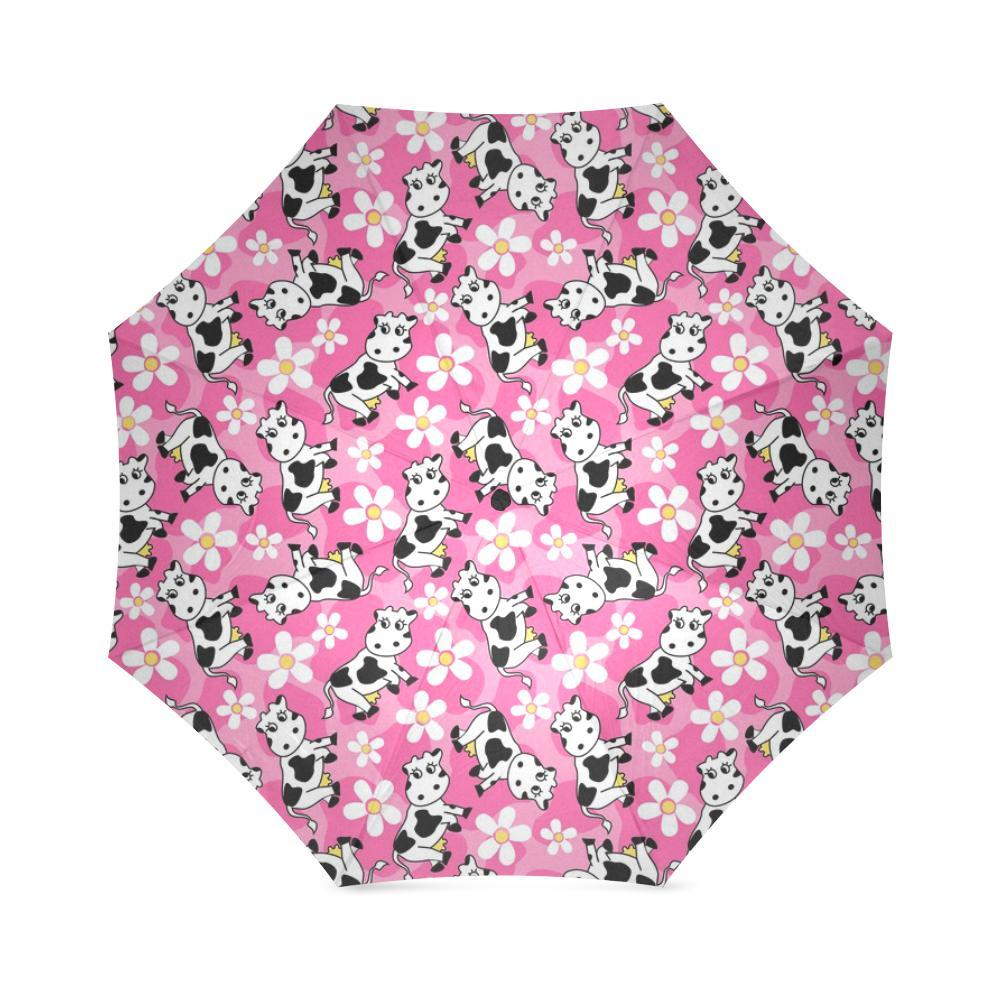 Pink Cartoon Cow Pattern Print Foldable Umbrella-grizzshop