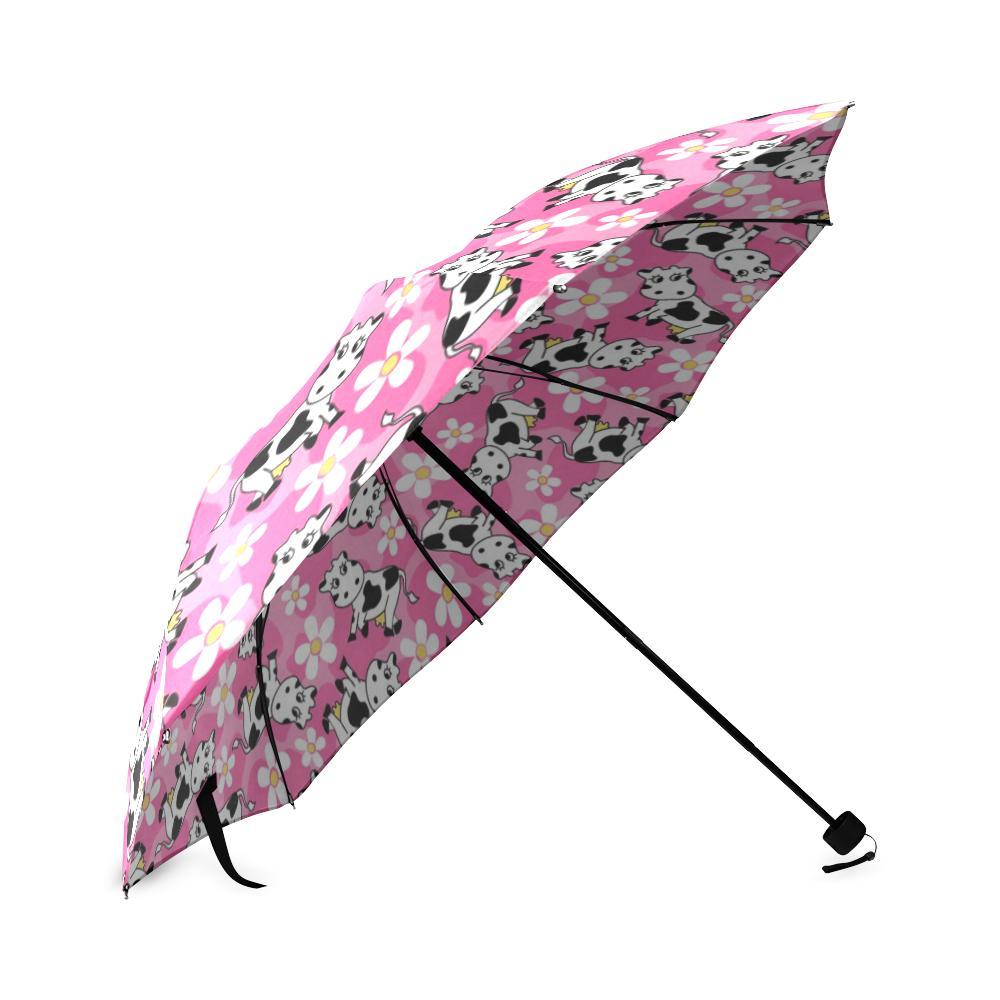 Pink Cartoon Cow Pattern Print Foldable Umbrella-grizzshop