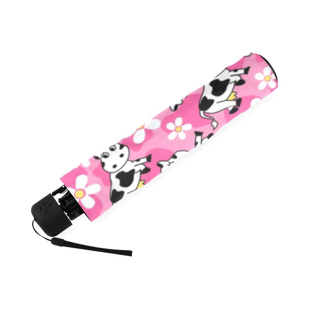 Pink Cartoon Cow Pattern Print Foldable Umbrella-grizzshop