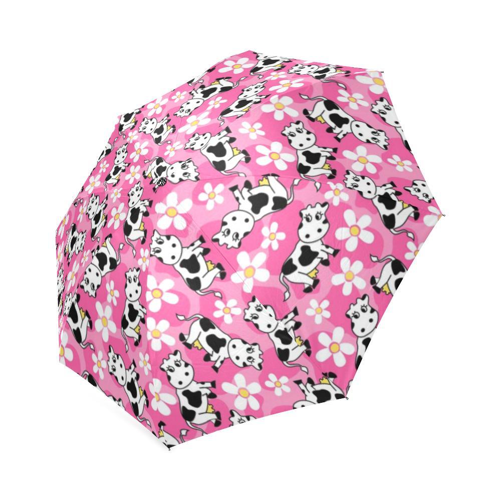 Pink Cartoon Cow Pattern Print Foldable Umbrella-grizzshop