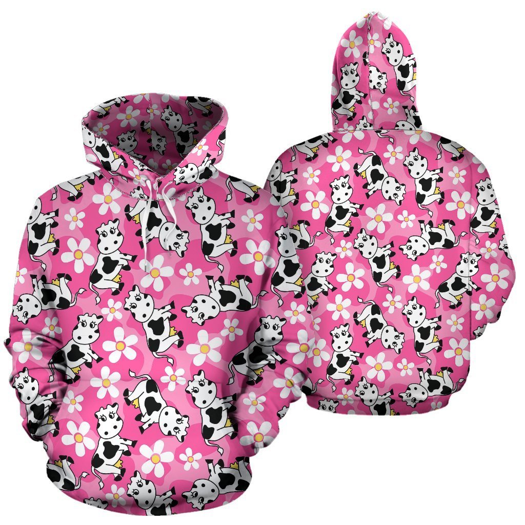 Pink Cartoon Cow Pattern Print Women Men Pullover Hoodie-grizzshop