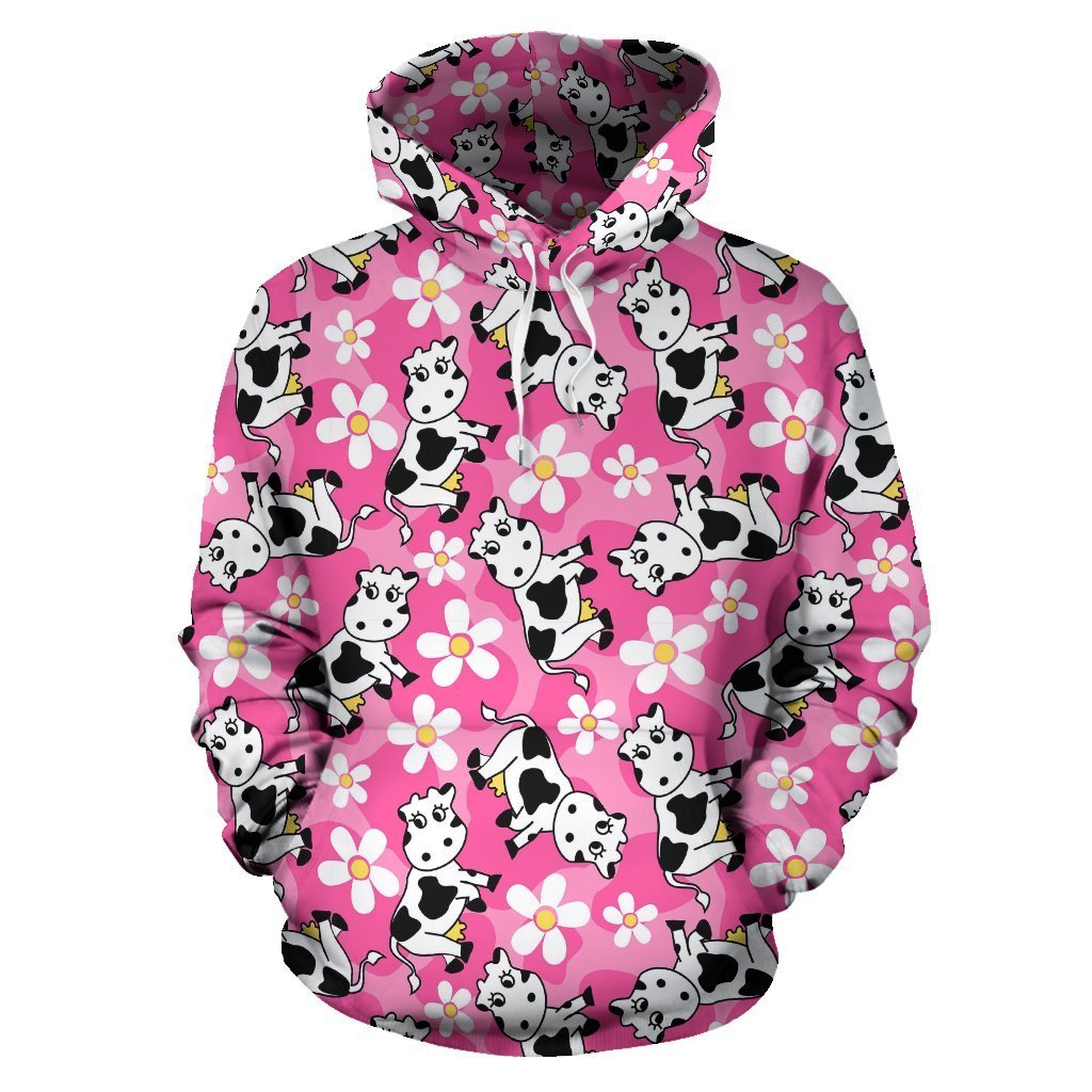 Pink Cartoon Cow Pattern Print Women Men Pullover Hoodie-grizzshop
