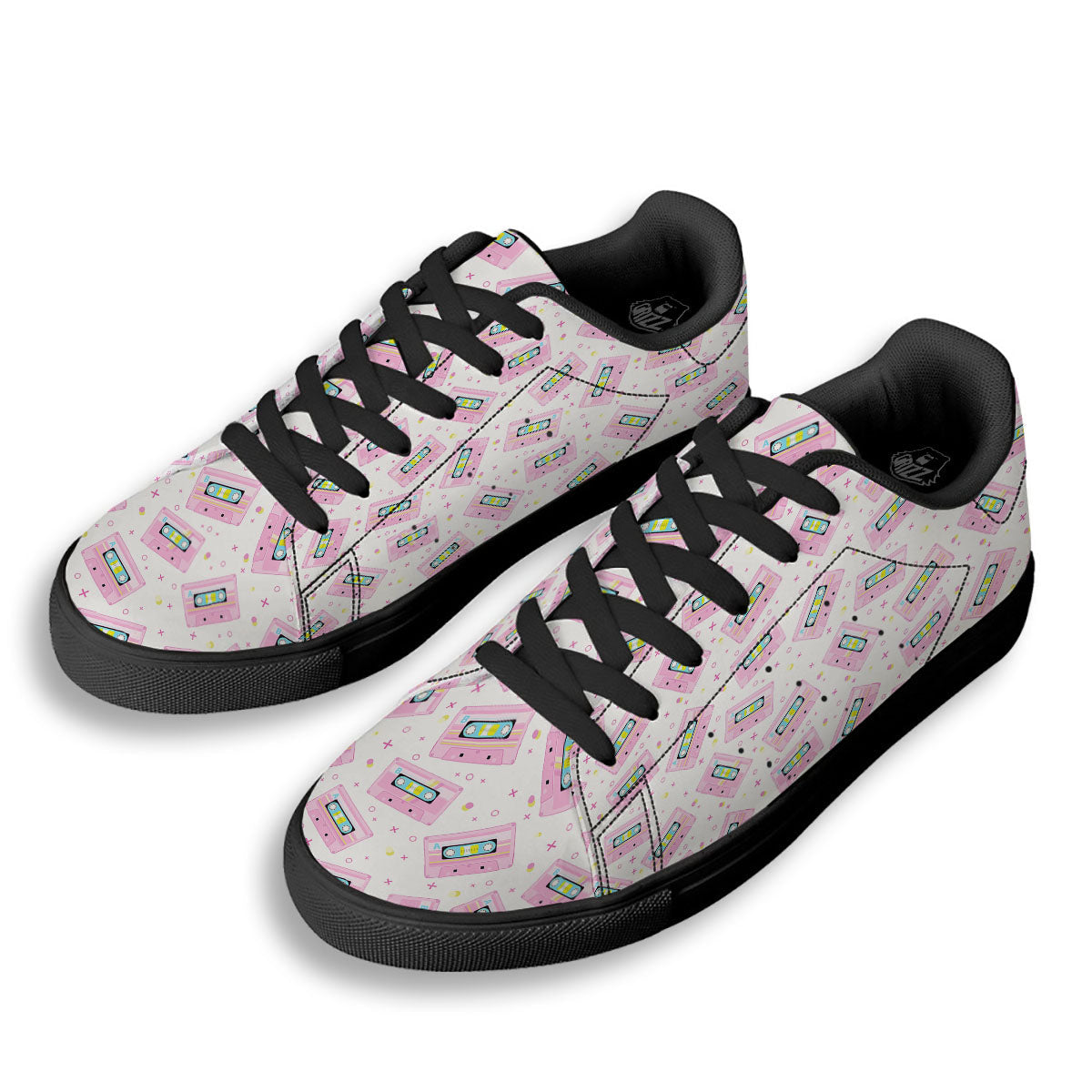 Pink Cassette Tape White Print Pattern Black Low Top Sneakers-grizzshop