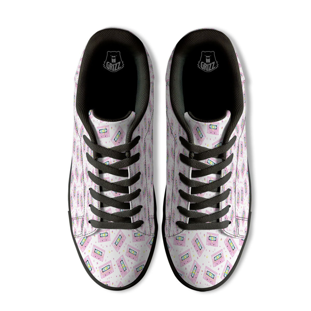 Pink Cassette Tape White Print Pattern Black Low Top Sneakers-grizzshop