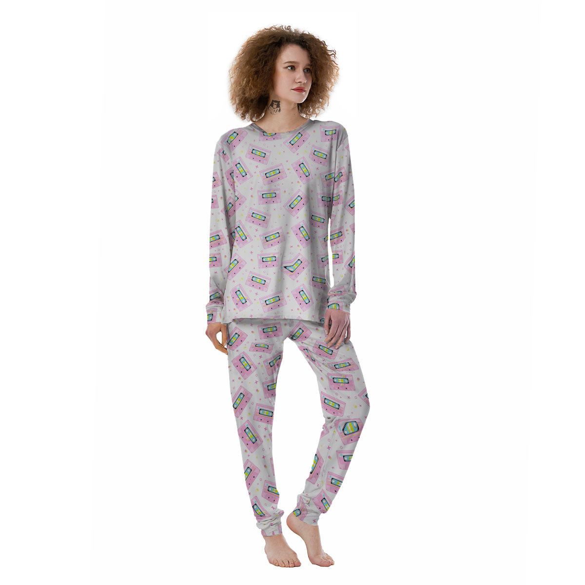 Pink Cassette Tape White Print Pattern Women's Pajamas-grizzshop