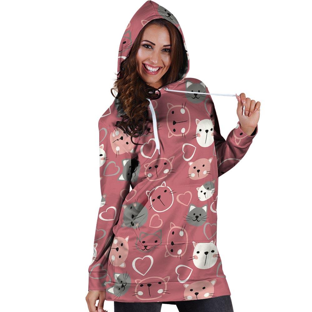 Pink Cat Face Print Hoodie Dress-grizzshop
