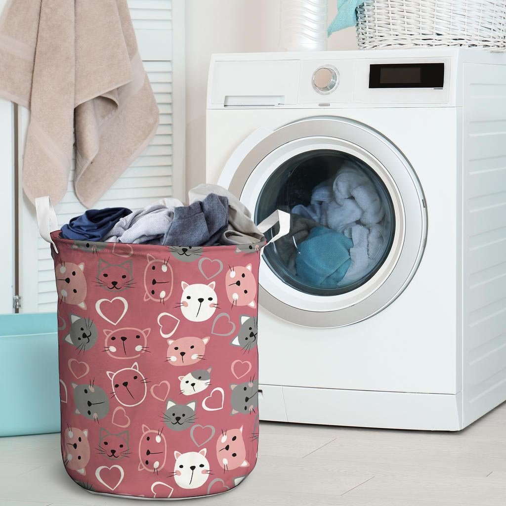 Pink Cat Face Print Laundry Basket-grizzshop