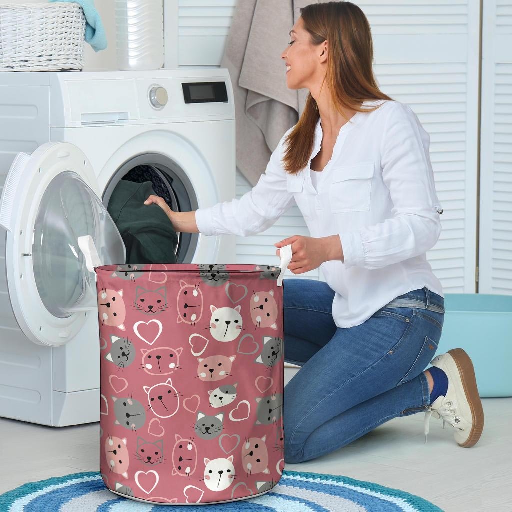 Pink Cat Face Print Laundry Basket-grizzshop