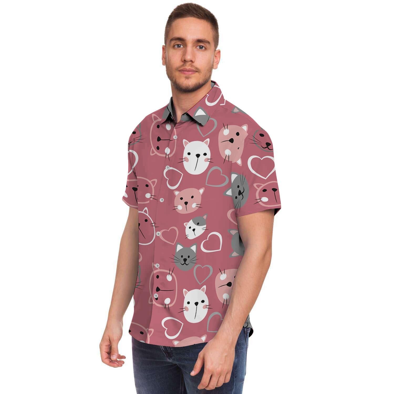 Pink Cat Face Print Men's Short Sleeve Shirt-grizzshop