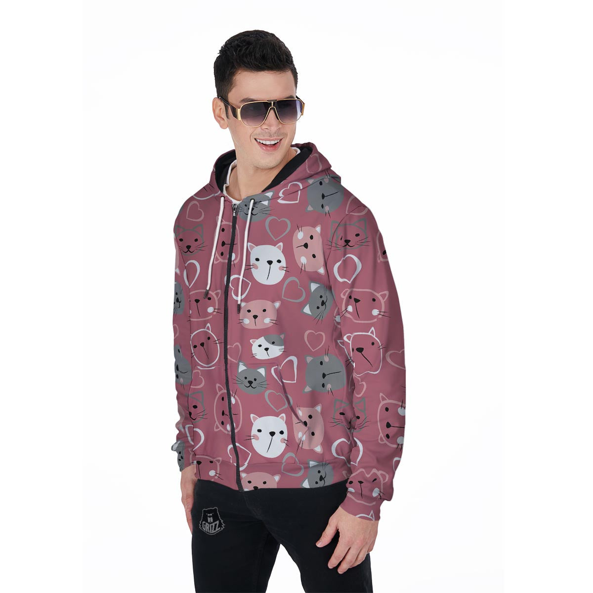 Pink Cat Face Print Men's Zip Up Hoodie-grizzshop