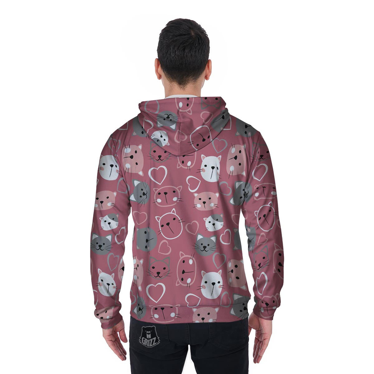 Pink Cat Face Print Men's Zip Up Hoodie-grizzshop