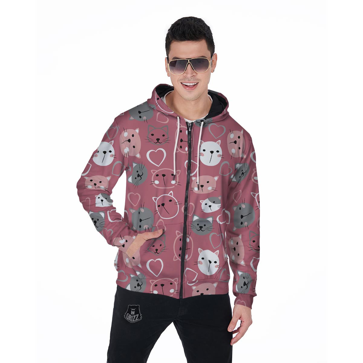 Pink Cat Face Print Men's Zip Up Hoodie-grizzshop