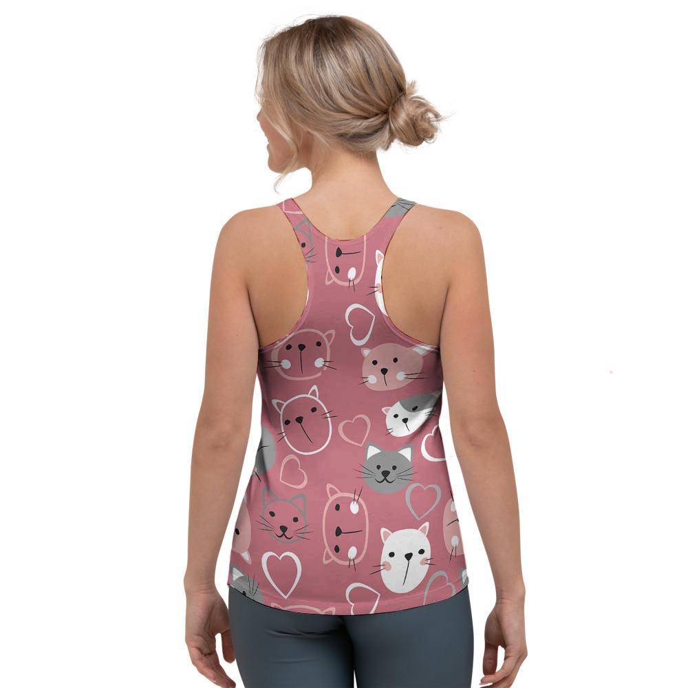 Pink Cat Face Print Women's Racerback Tank Top-grizzshop