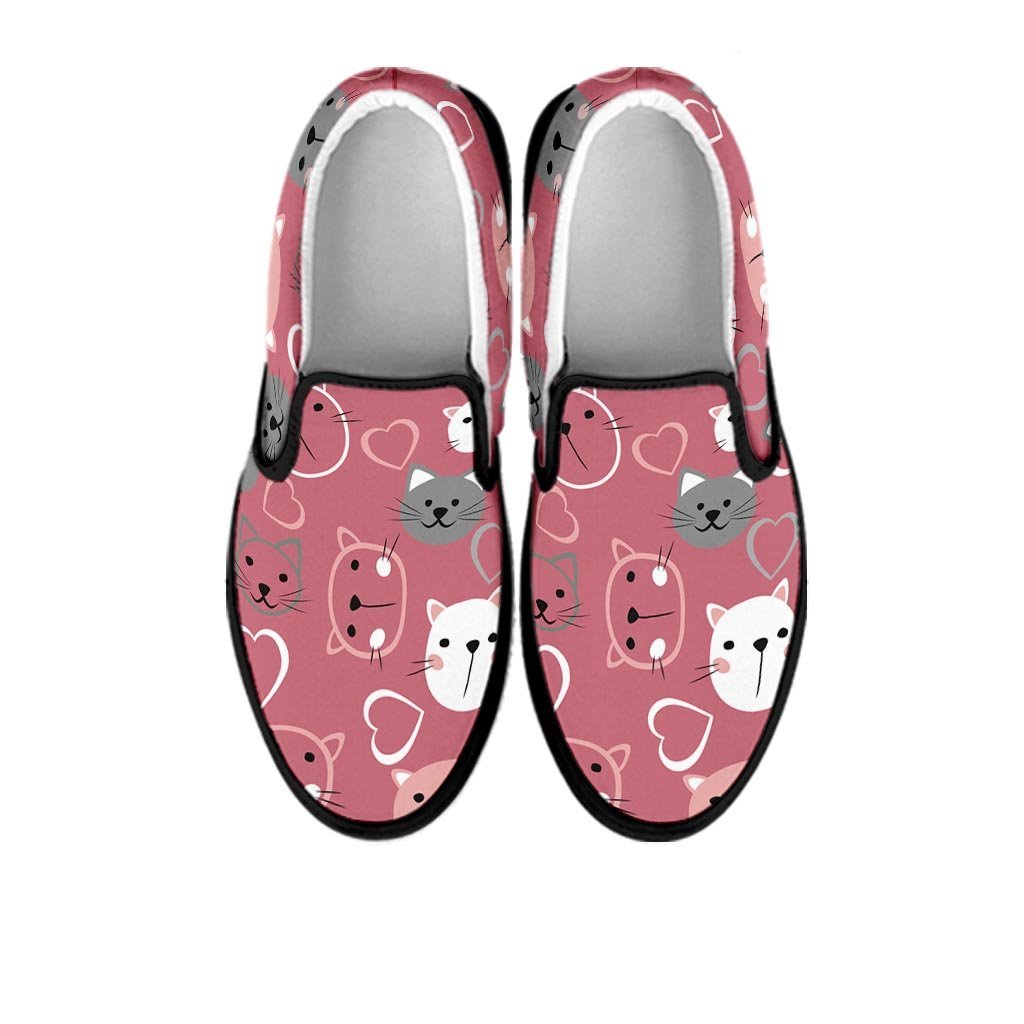 Pink Cat Face Print Women's Slip On Sneakers-grizzshop