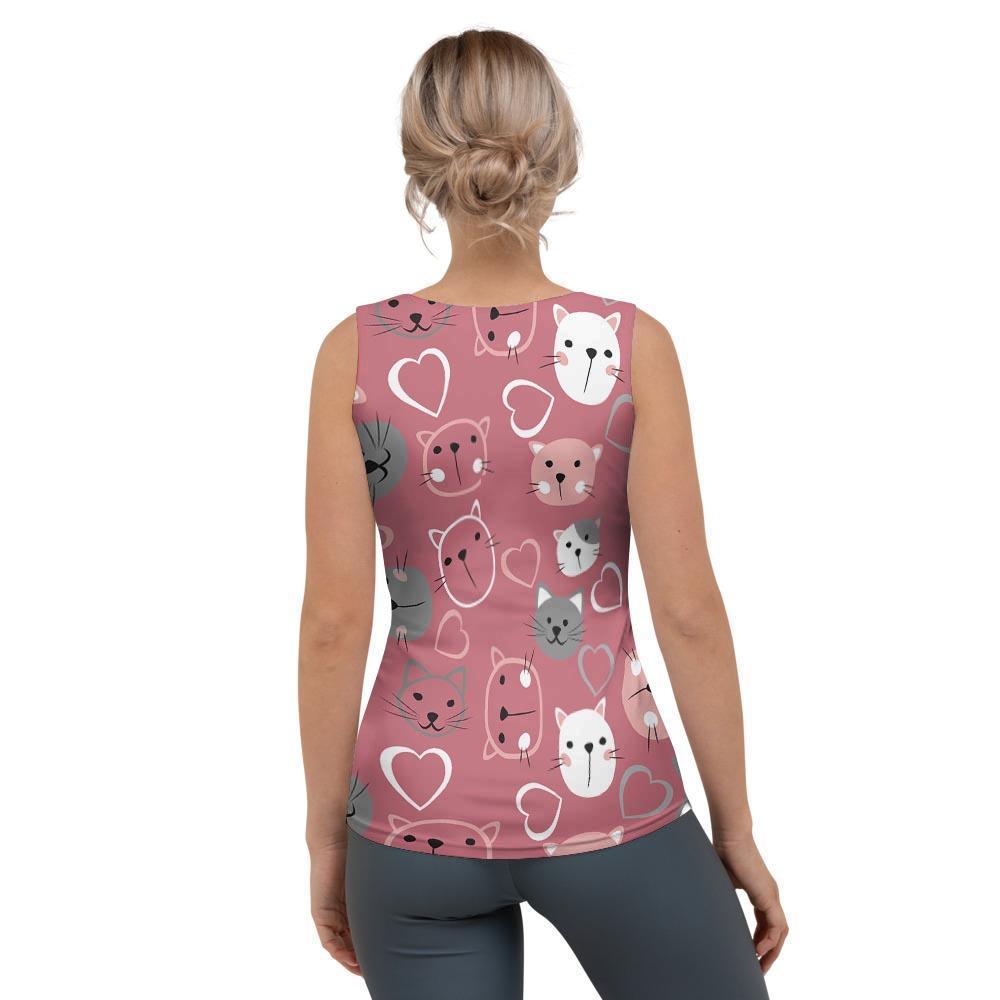 Pink Cat Face Print Women's Tank Top-grizzshop