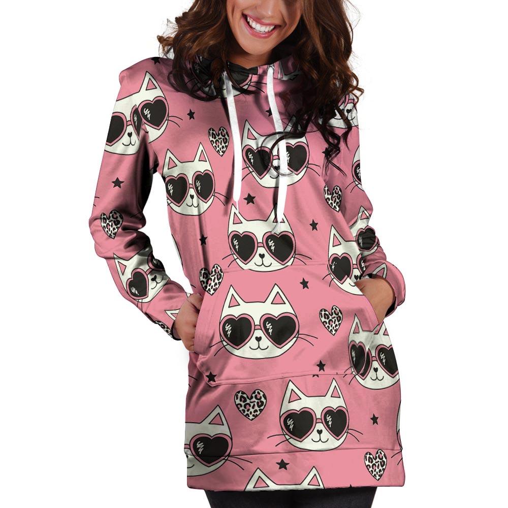 Pink Cat Print Hoodie Dress-grizzshop