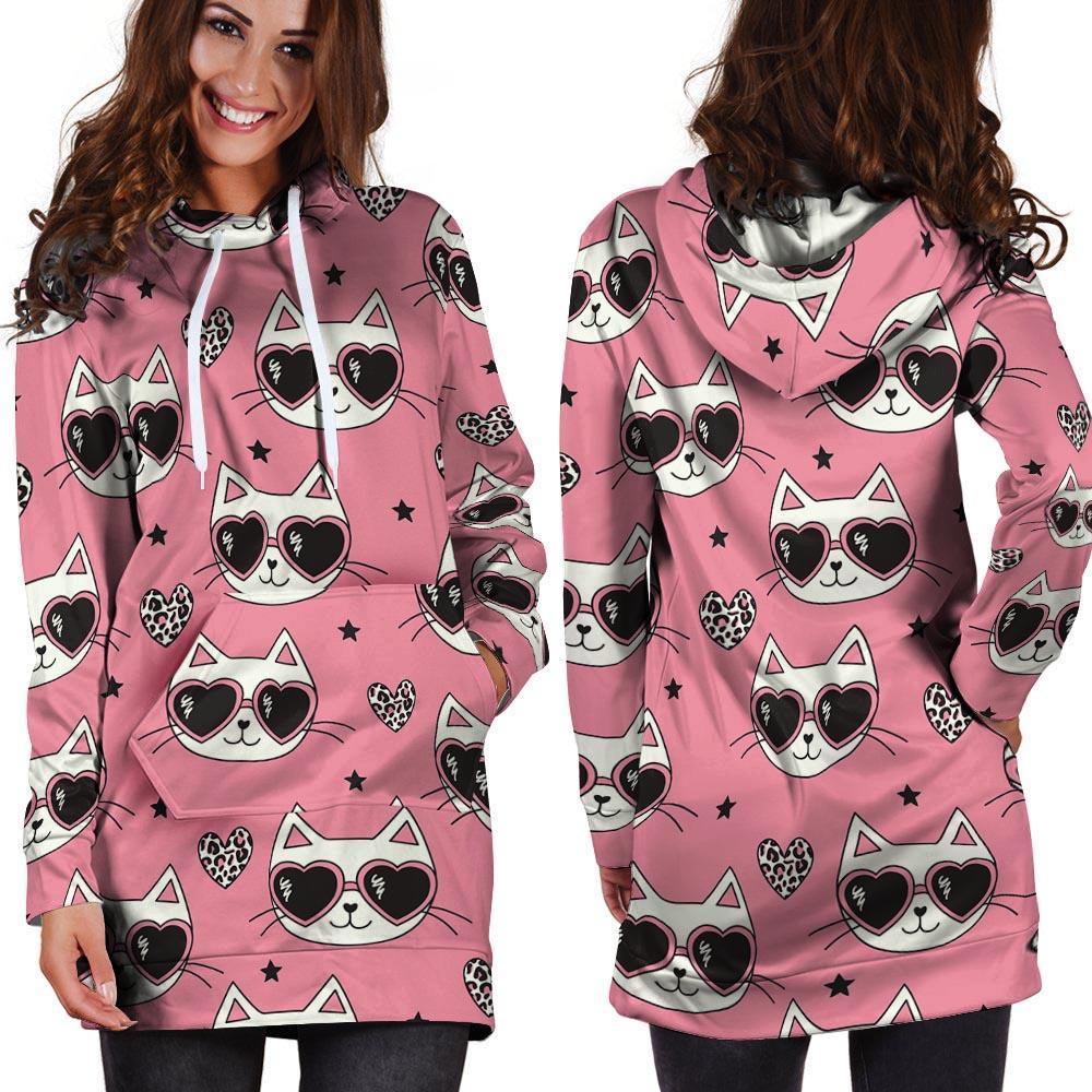 Pink Cat Print Hoodie Dress-grizzshop