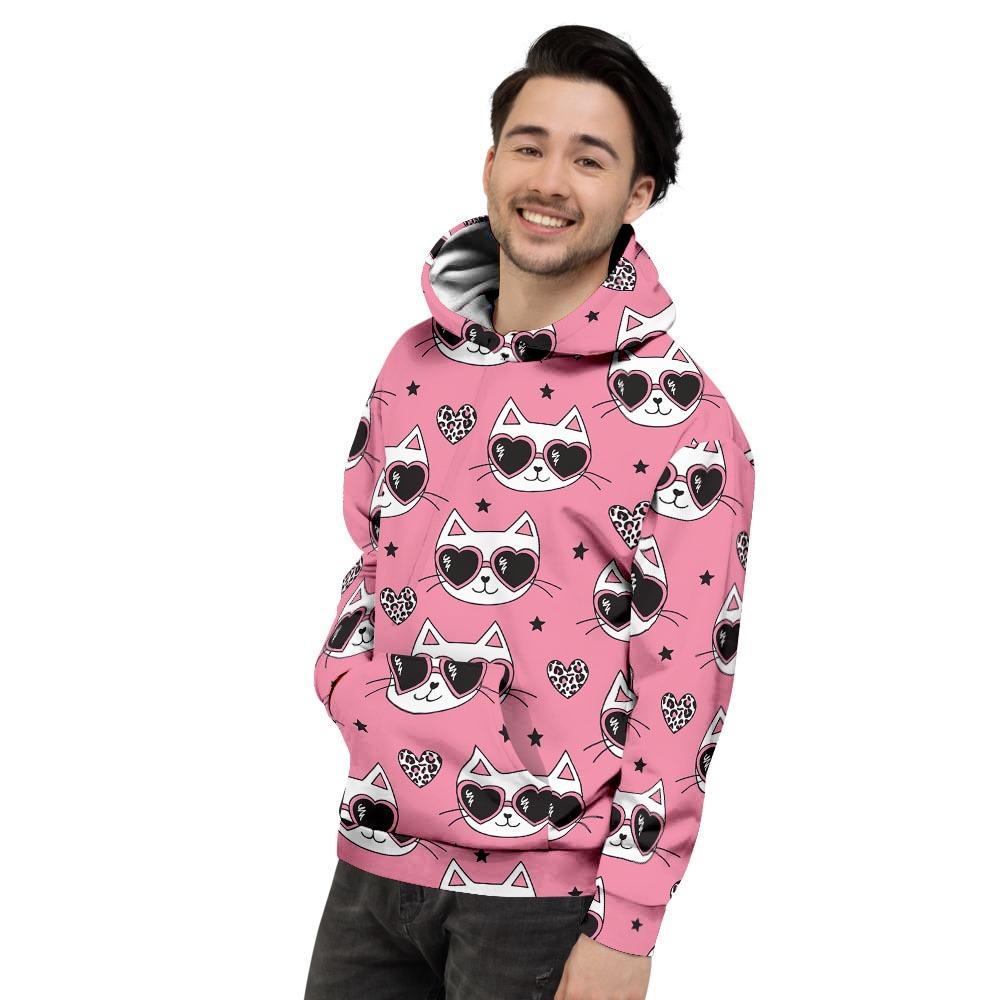 Pink Cat Print Men's Hoodie-grizzshop