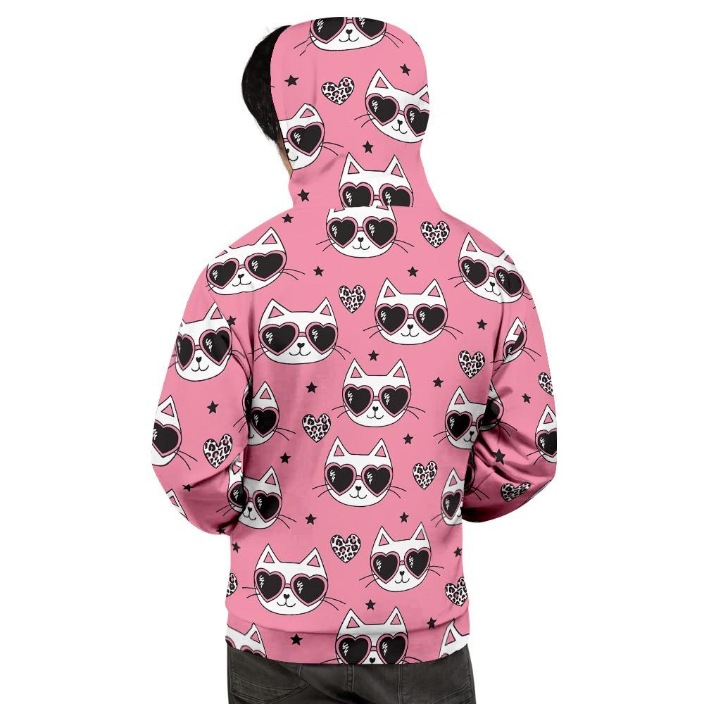 Pink Cat Print Men's Hoodie-grizzshop