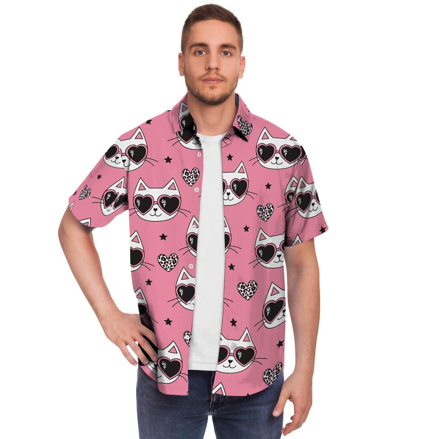 Pink Cat Print Men's Short Sleeve Shirt-grizzshop