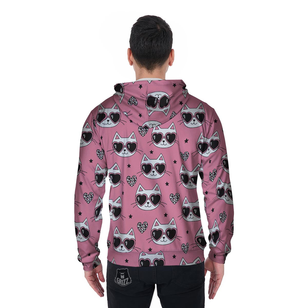 Pink Cat Print Men's Zip Up Hoodie-grizzshop