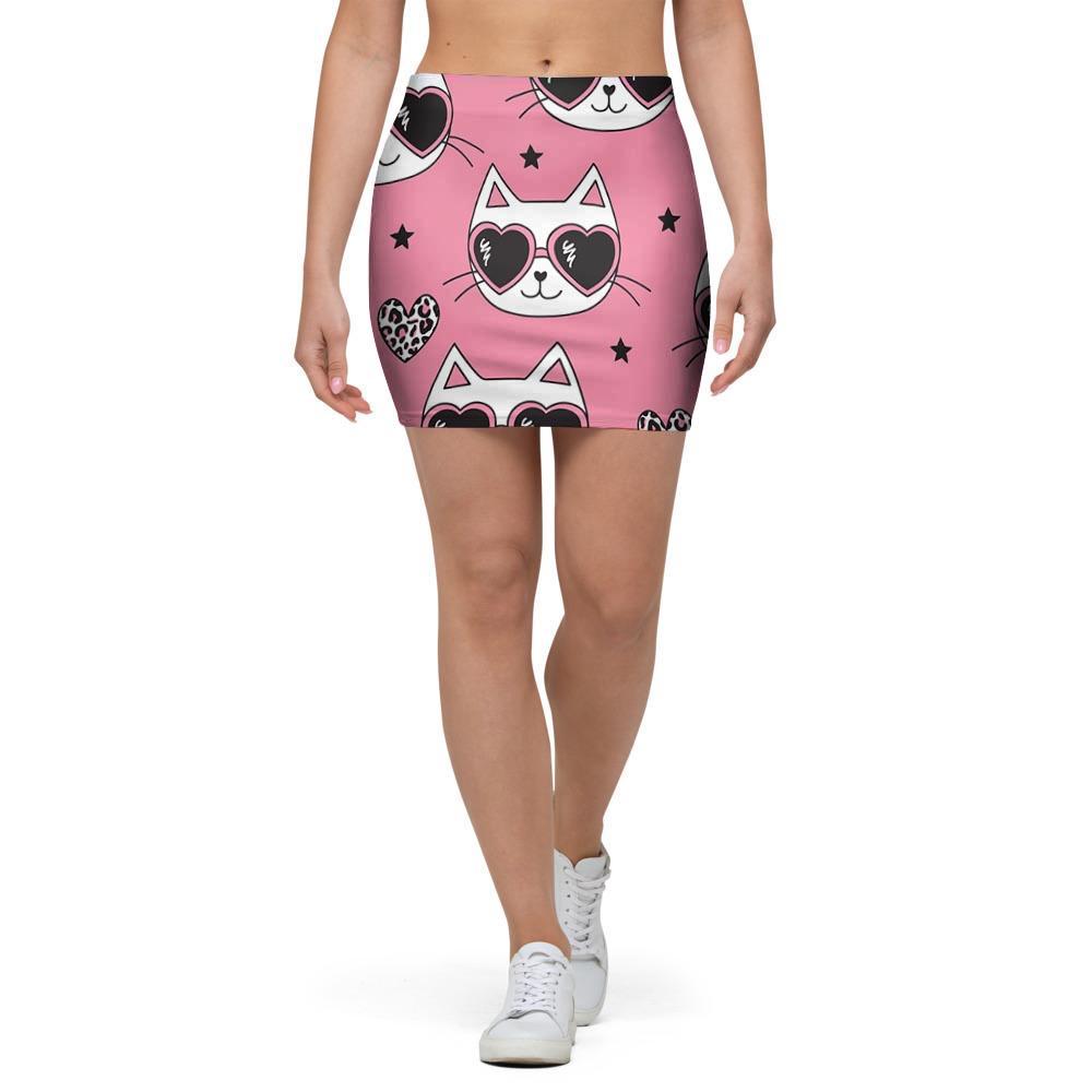 Pink Cat Print Mini Skirt-grizzshop