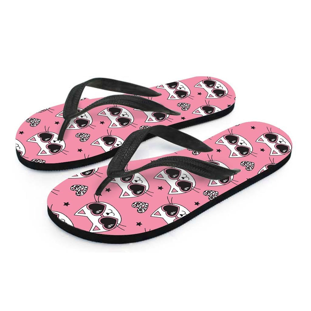 Pink Cat Print Women's Flip Flops-grizzshop