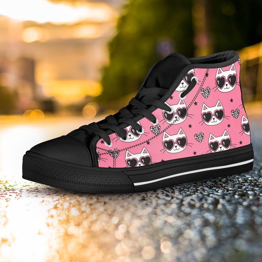Pink Cat Print Women's High Top Shoes-grizzshop