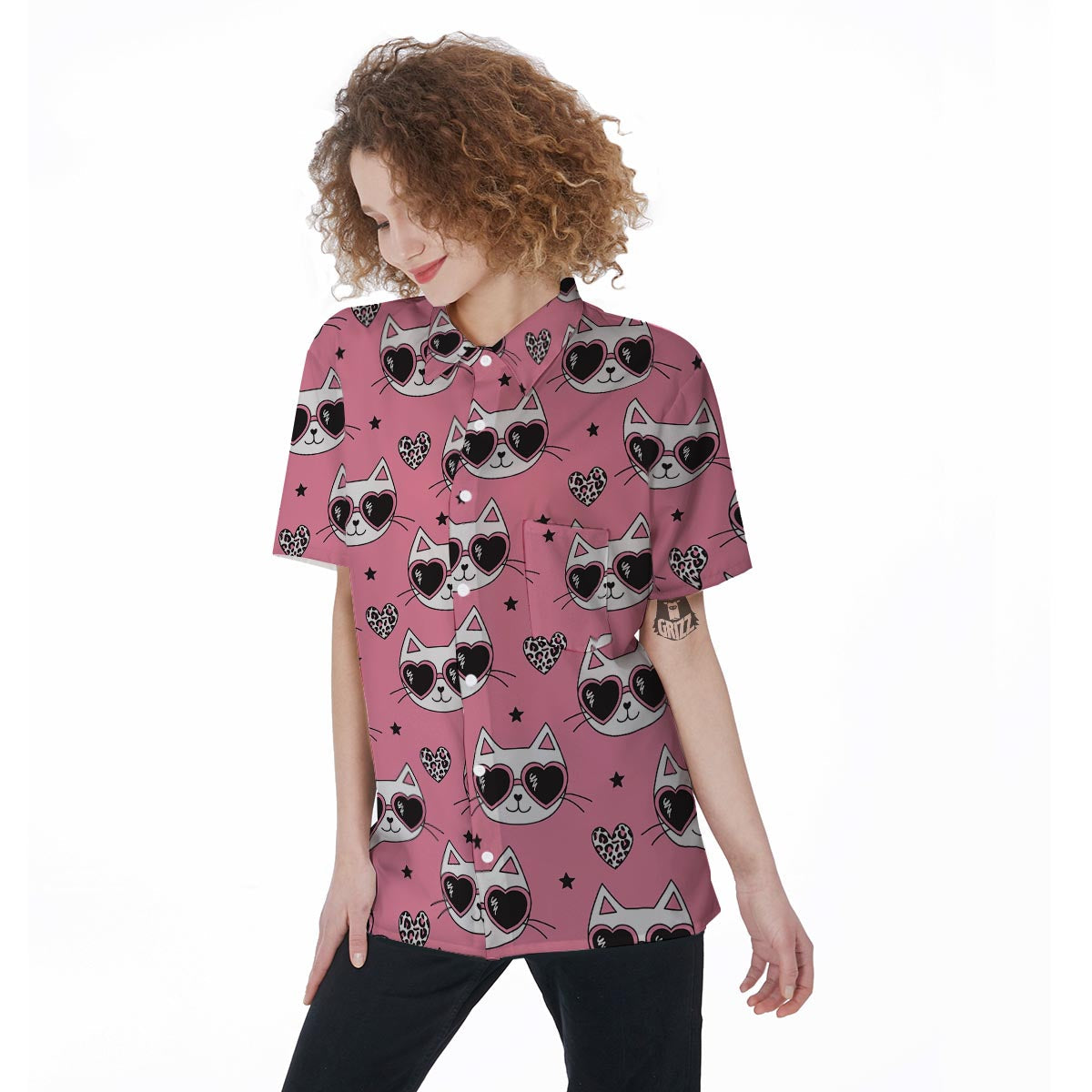 Pink Cat Print Women's Short Sleeve Shirts-grizzshop