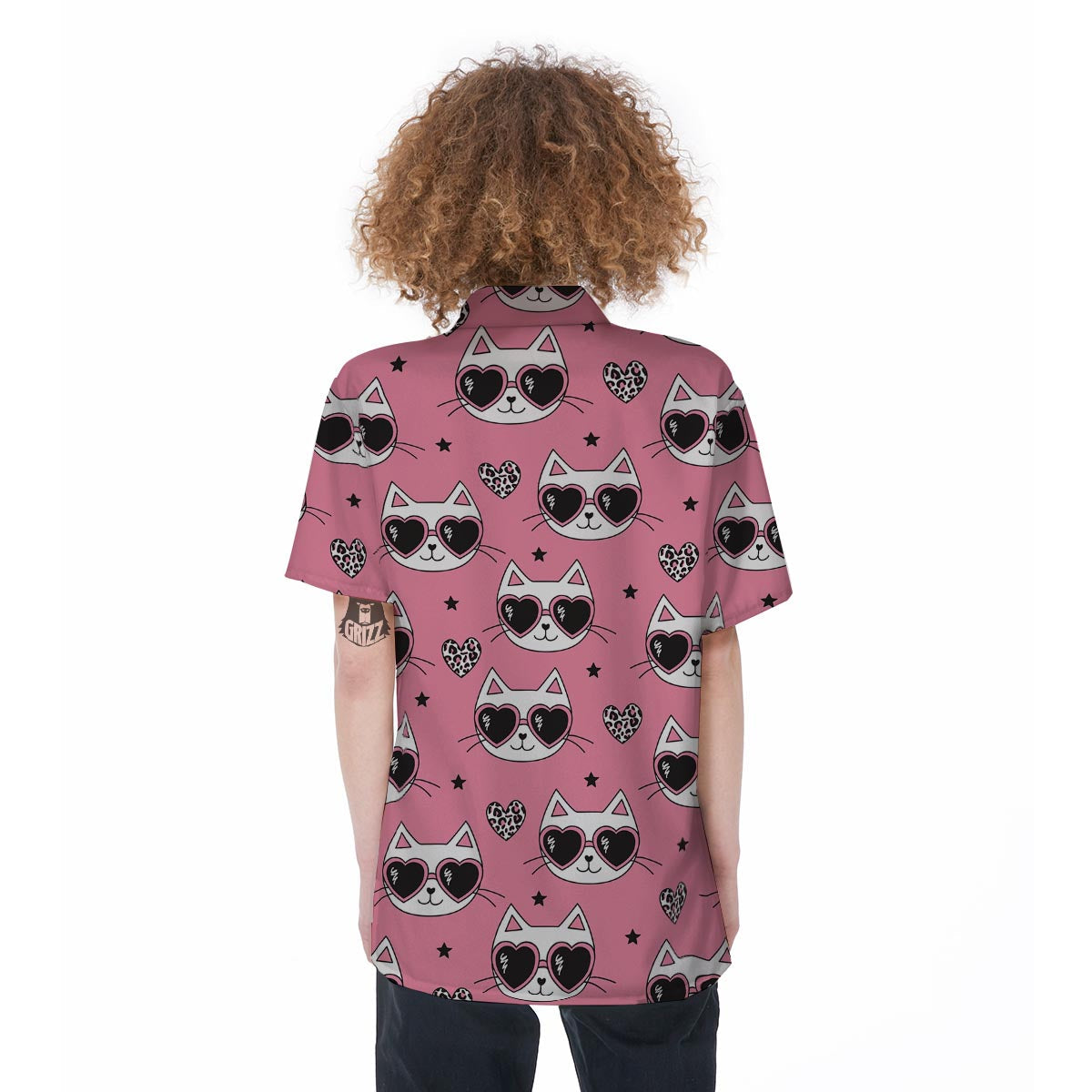 Pink Cat Print Women's Short Sleeve Shirts-grizzshop
