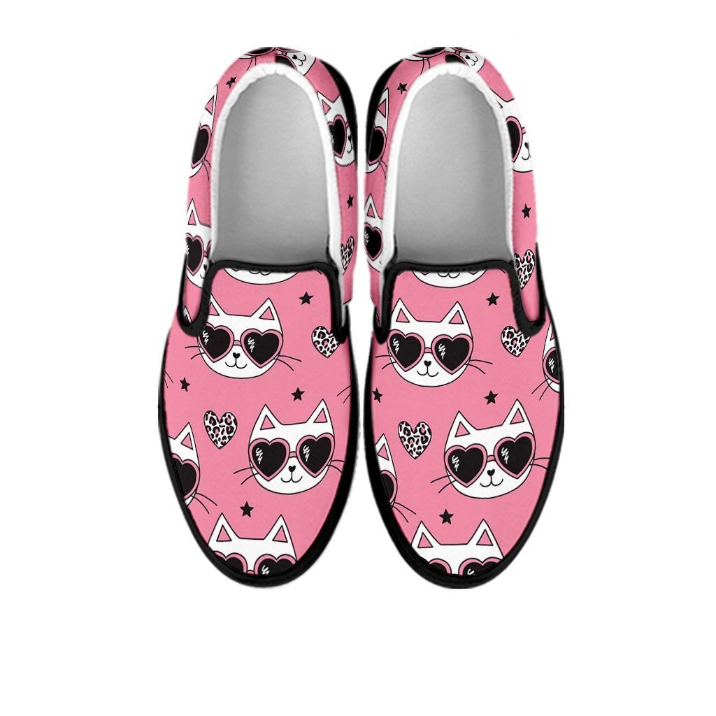 Pink Cat Print Women's Slip On Sneakers-grizzshop