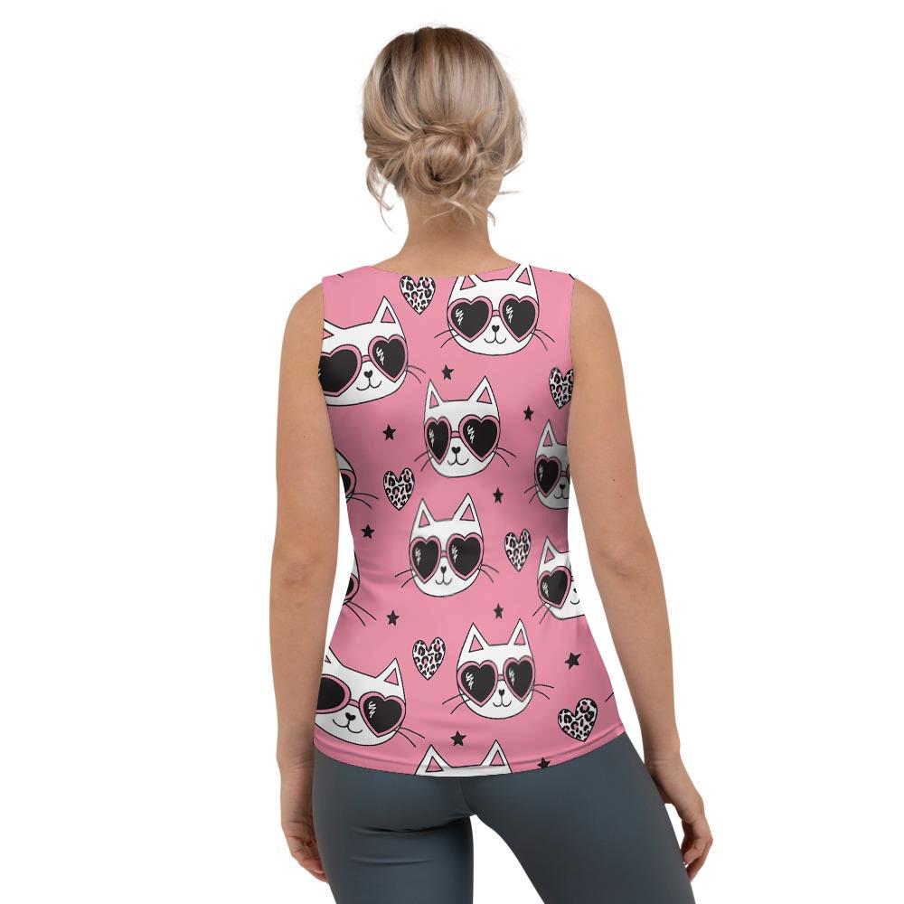 Pink Cat Print Women's Tank Top-grizzshop