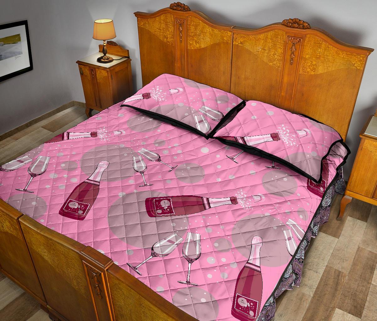 Pink Champagne Pattern Print Bed Set Quilt-grizzshop